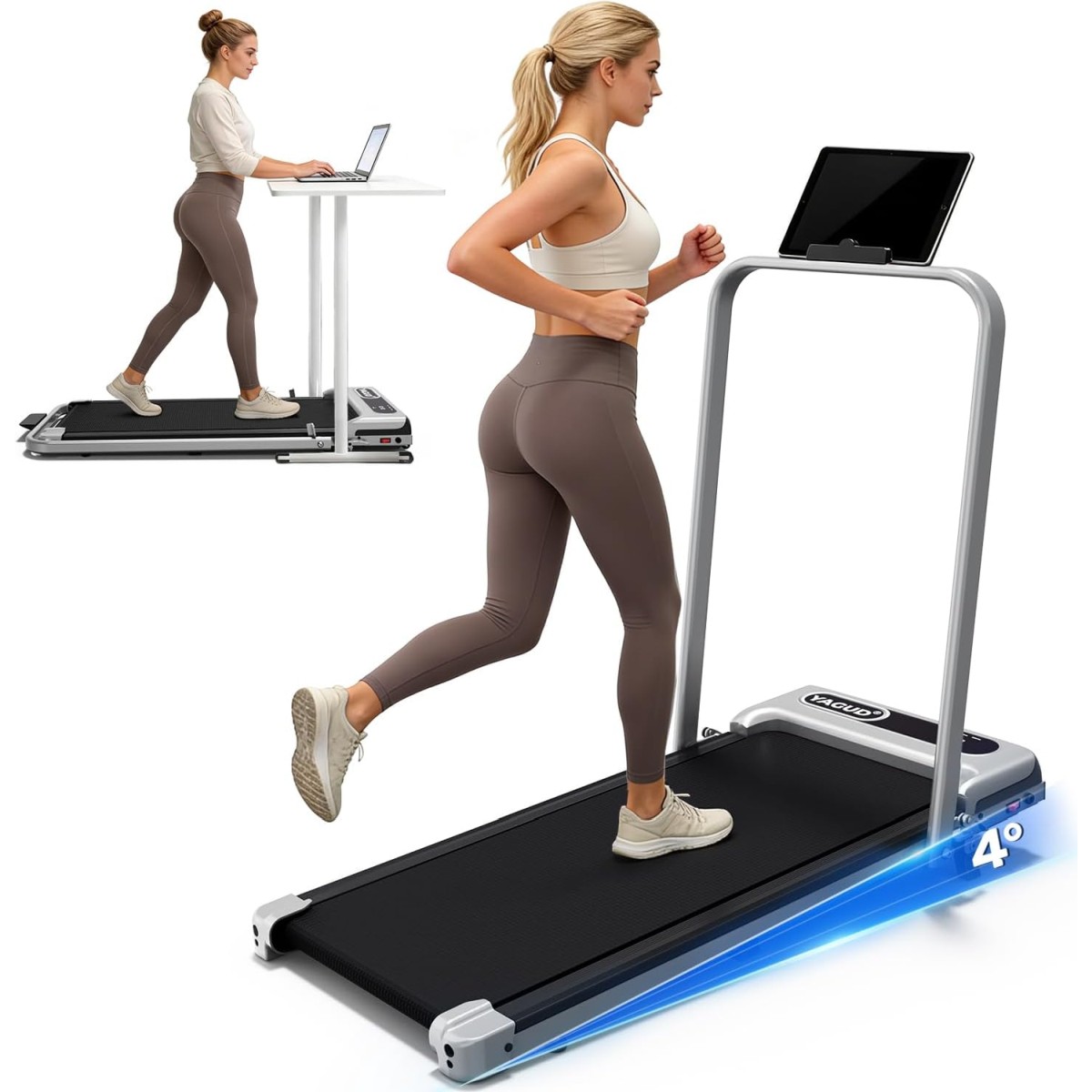 Yagud 2 in 1 Under Desk Treadmill, 2.5HP Walking Pad Treadmill with Remote Control & LED Display, Portable Walking Jogging Running Machine for Home Office Use, 300lb Capacity
